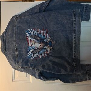 Mens New Denim Jacket With Custom Eagle And Patriotic Flag Screen Print